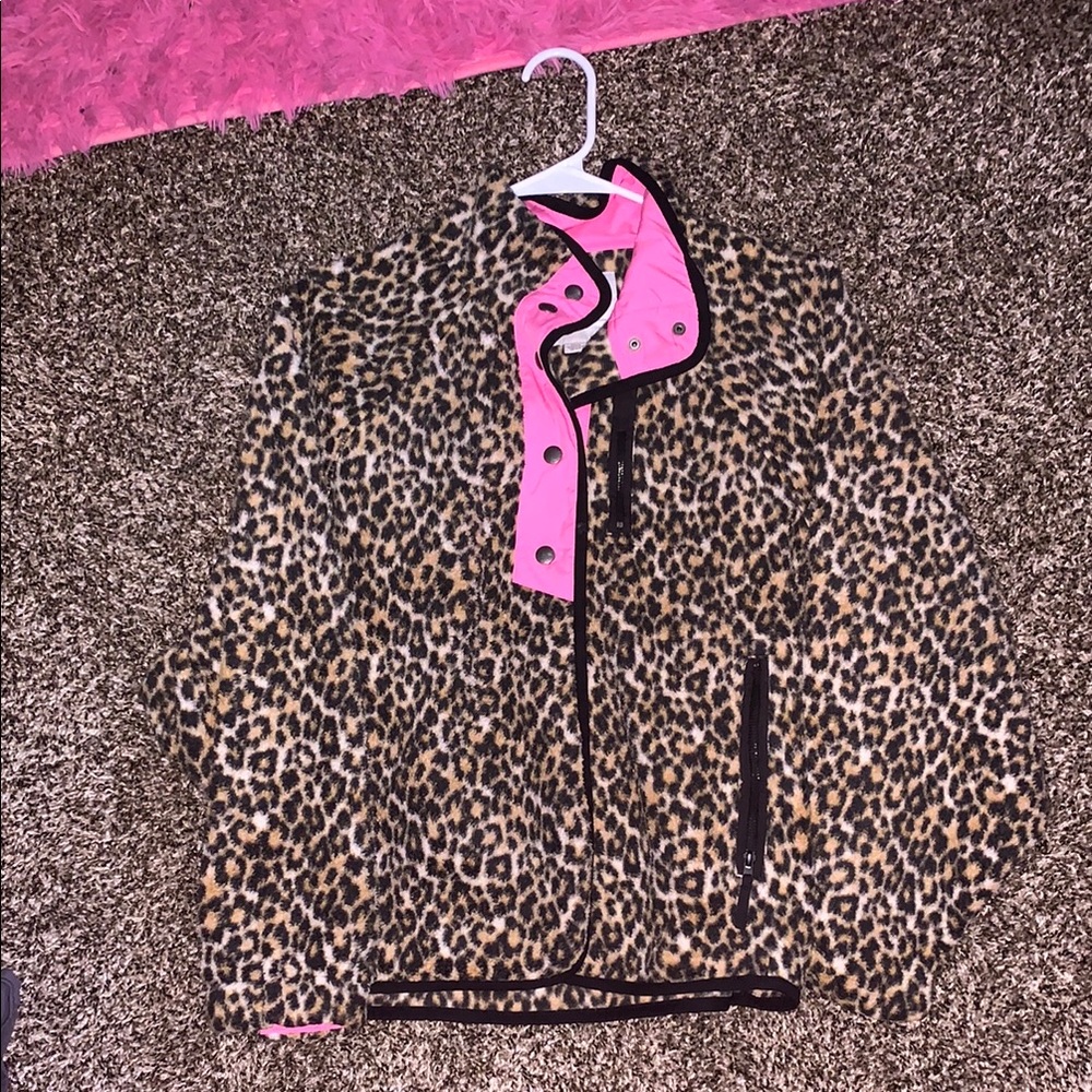 American Eagle Outfitters Leopard Print Teddy Jacket with Pink Accents